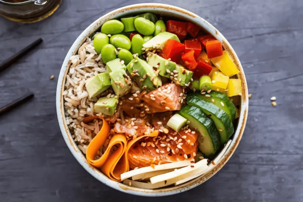 Uma visão tentadora do Poke Bowl havaiano, repleto de cores vibrantes e ingredientes frescos, como peixe cru, arroz, legumes e molhos irresistíveis. Uma explosão de sabores e uma refeição completa em uma única tigela.