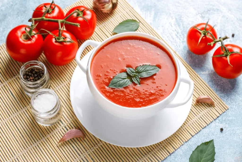 conchego em cada colher! Descubra a Sopa de Tomate e Manjericão, uma receita clássica que combina a frescura do manjericão com a suculência do tomate. Prepare-se para se deliciar.